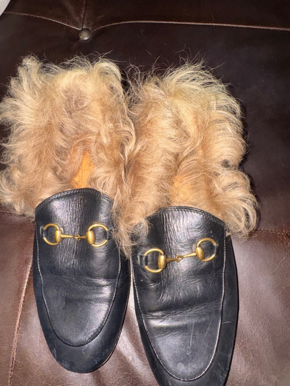 Women’s Gucci 
Fur-Lined Leather Slip-On Mules with Gold Horsebit Accent/Size 37